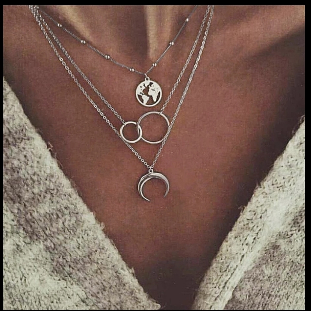 NEW Silver Boho Trendy Choker Multilayer Earth Map Circle Horn Pendant Necklace - Picture 3 of 16